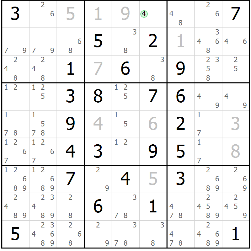 Position des candidats pour la solution de la Gr 28 page 31 du magazine de sudoku Maestro n° 101
