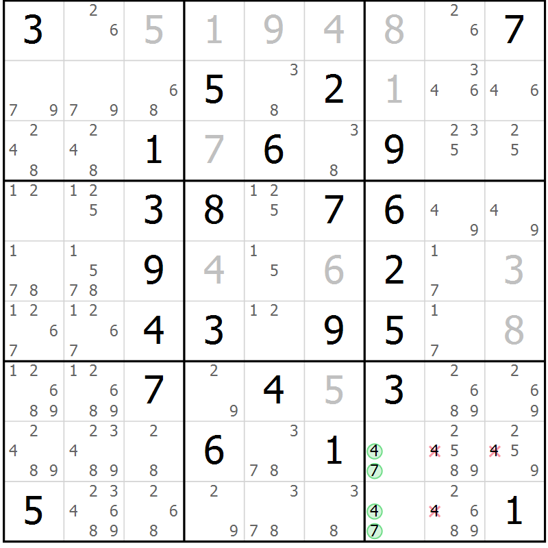 Position des candidats pour la solution de la Gr 28 page 31 du magazine de sudoku Maestro n° 101
