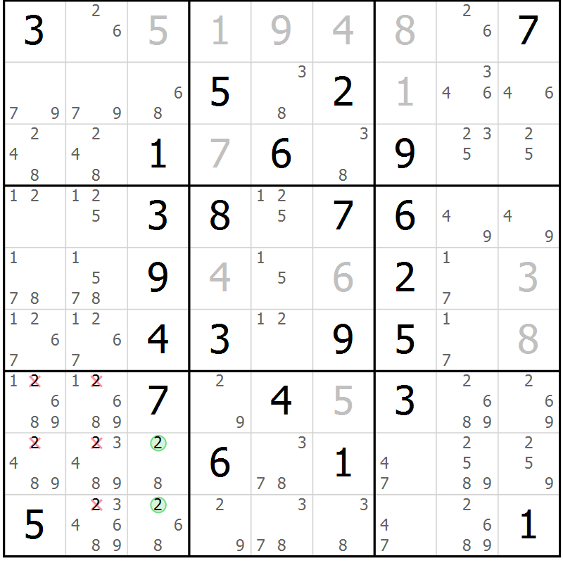 Position des candidats pour la solution de la Gr 28 page 31 du magazine de sudoku Maestro n° 101