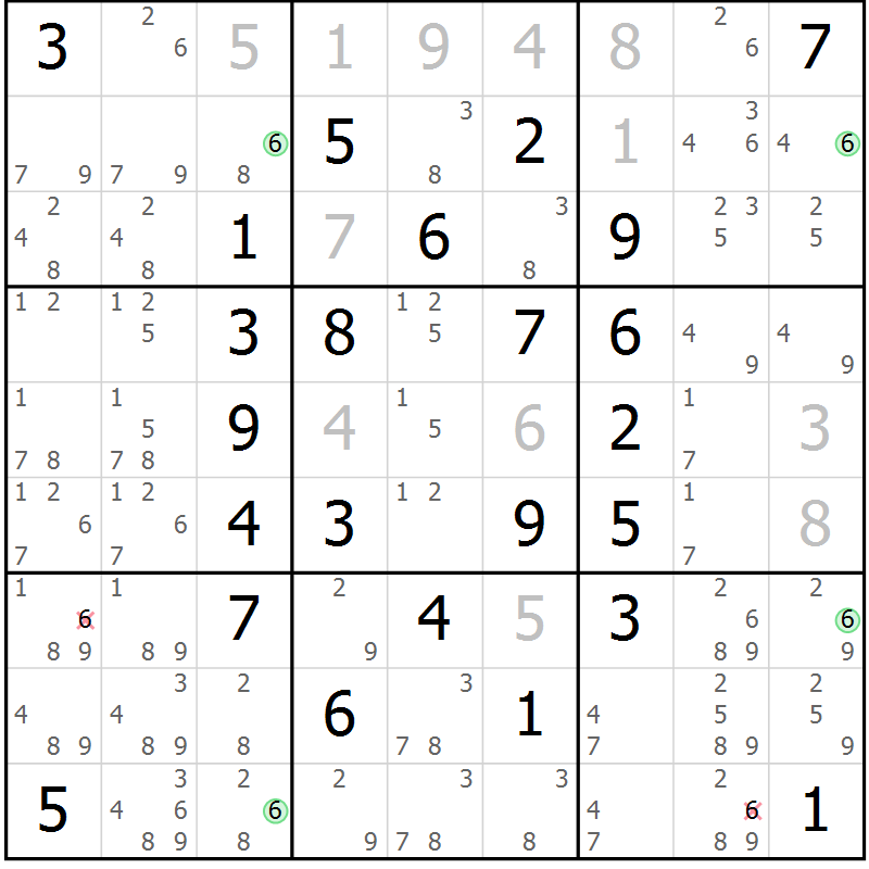 Position des candidats pour la solution de la Gr 28 page 31 du magazine de sudoku Maestro n° 101