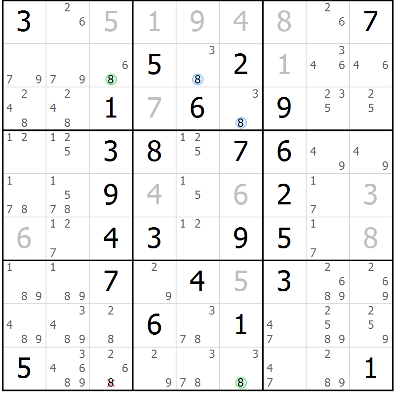 Position des candidats pour la solution de la Gr 28 page 31 du magazine de sudoku Maestro n° 101