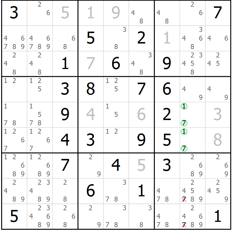 Position des candidats pour la solution de la Gr 28 page 31 du magazine de sudoku Maestro n° 101