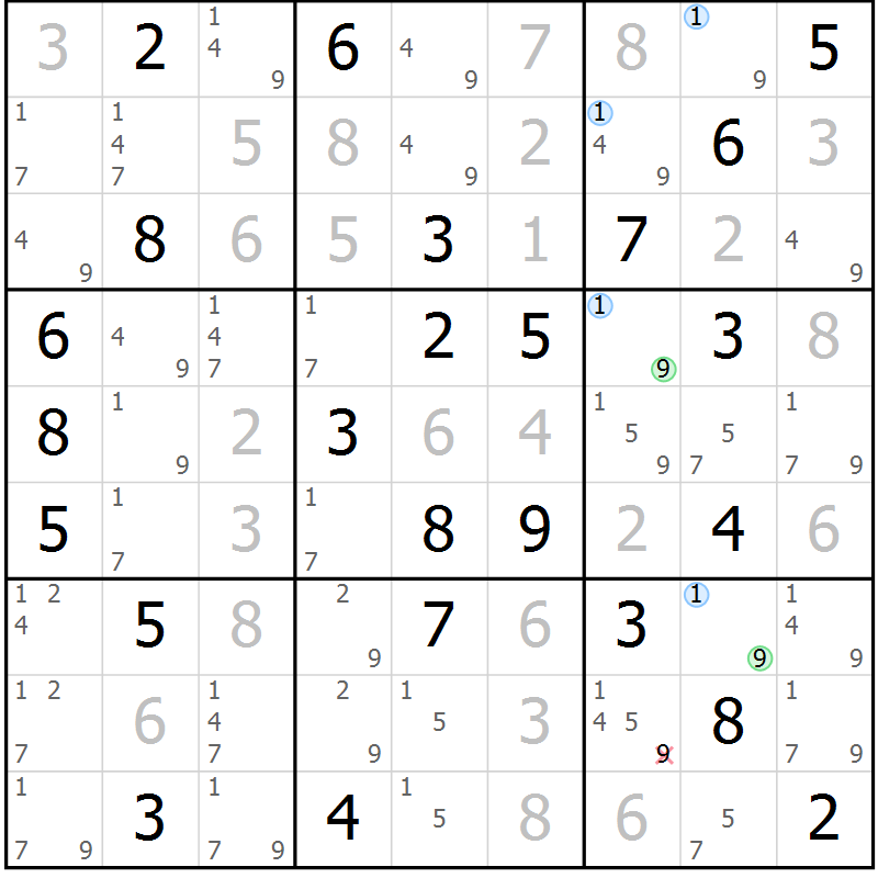 Position des candidats pour la solution de la Gr 29 page 32 du magazine de sudoku Maestro n° 101