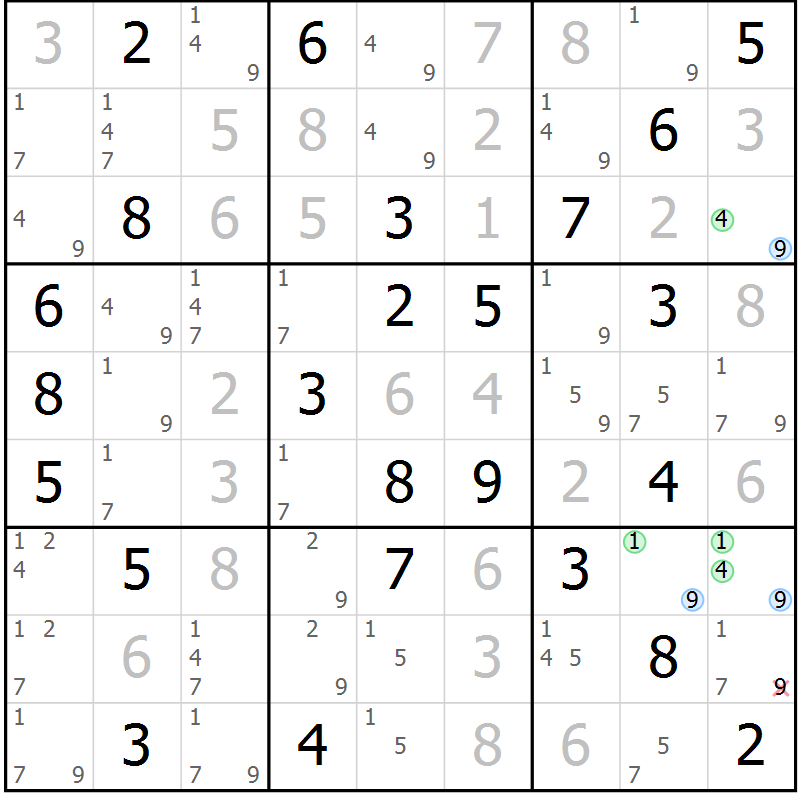 Position des candidats pour la solution de la Gr 29 page 32 du magazine de sudoku Maestro n° 101