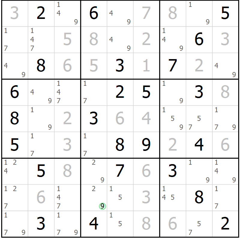 Position des candidats pour la solution de la Gr 29 page 32 du magazine de sudoku Maestro n° 101
