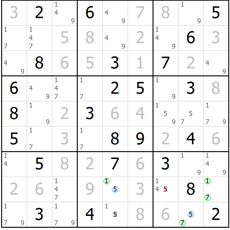 Position des candidats pour la solution de la Gr 29 page 32 du magazine de sudoku Maestro n° 101