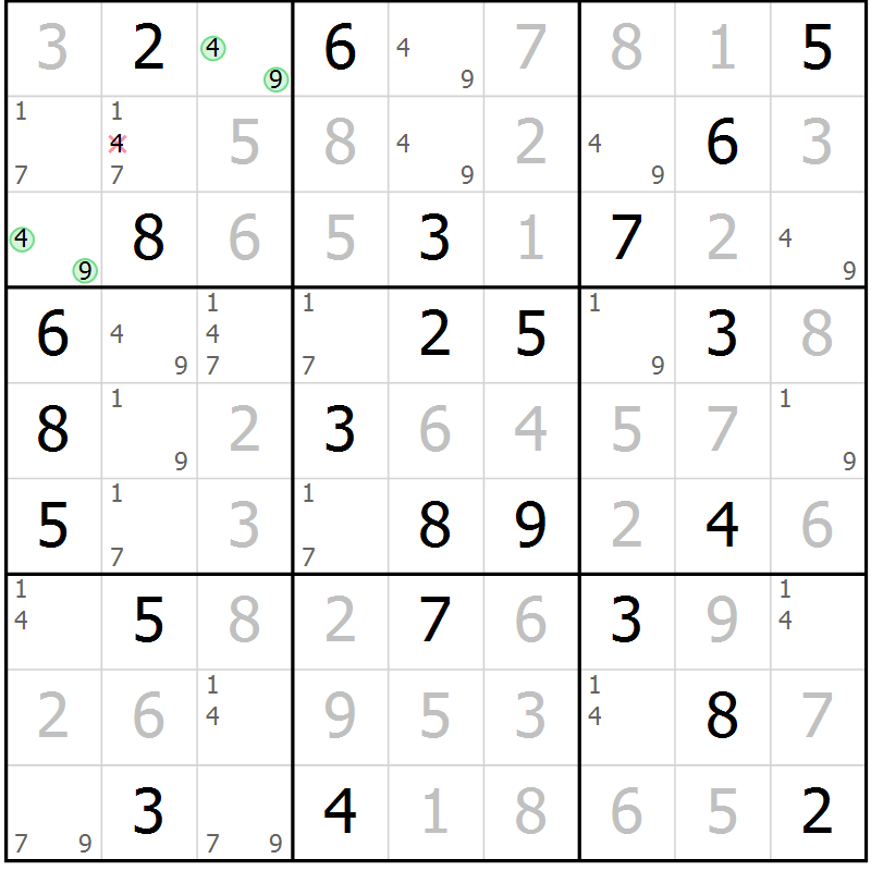 Position des candidats pour la solution de la Gr 29 page 32 du magazine de sudoku Maestro n° 101