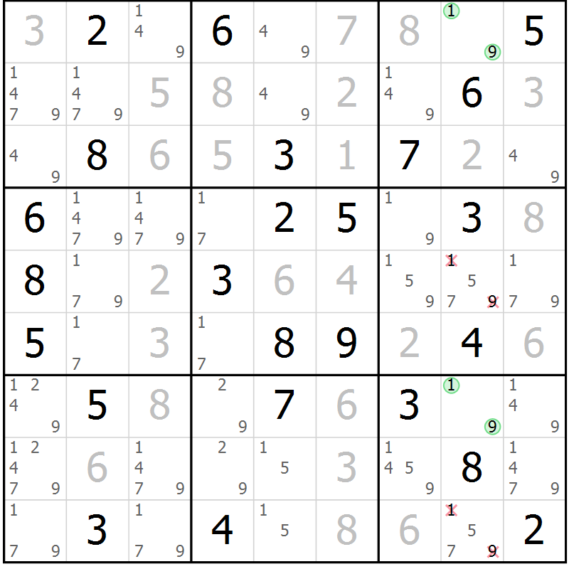 Position des candidats pour la solution de la Gr 29 page 32 du magazine de sudoku Maestro n° 101