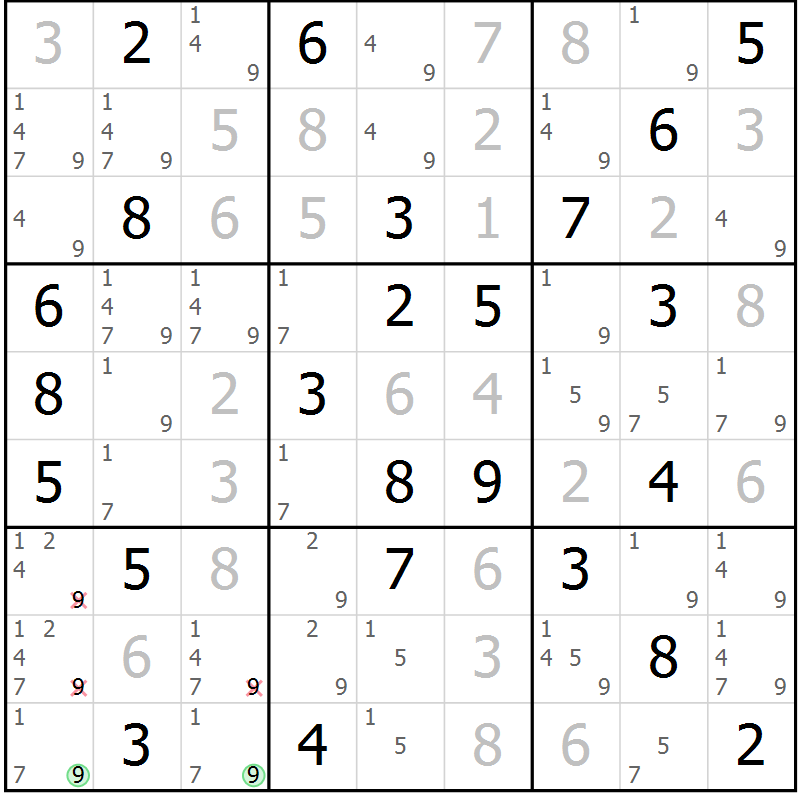 Position des candidats pour la solution de la Gr 29 page 32 du magazine de sudoku Maestro n° 101