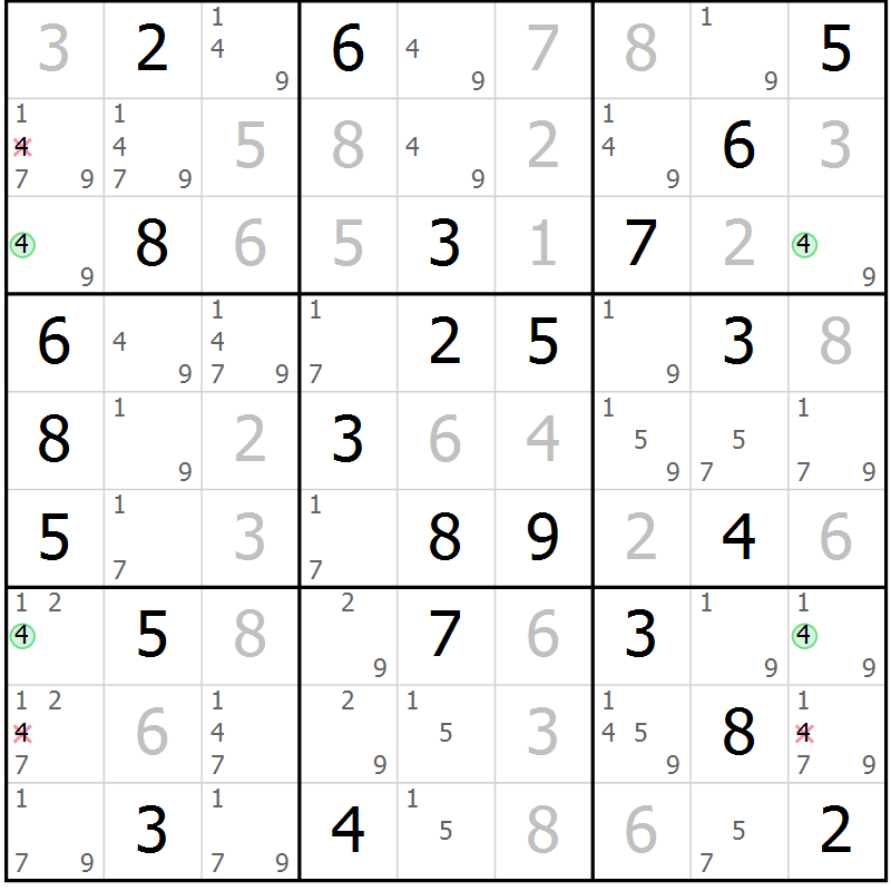Position des candidats pour la solution de la Gr 29 page 32 du magazine de sudoku Maestro n° 101