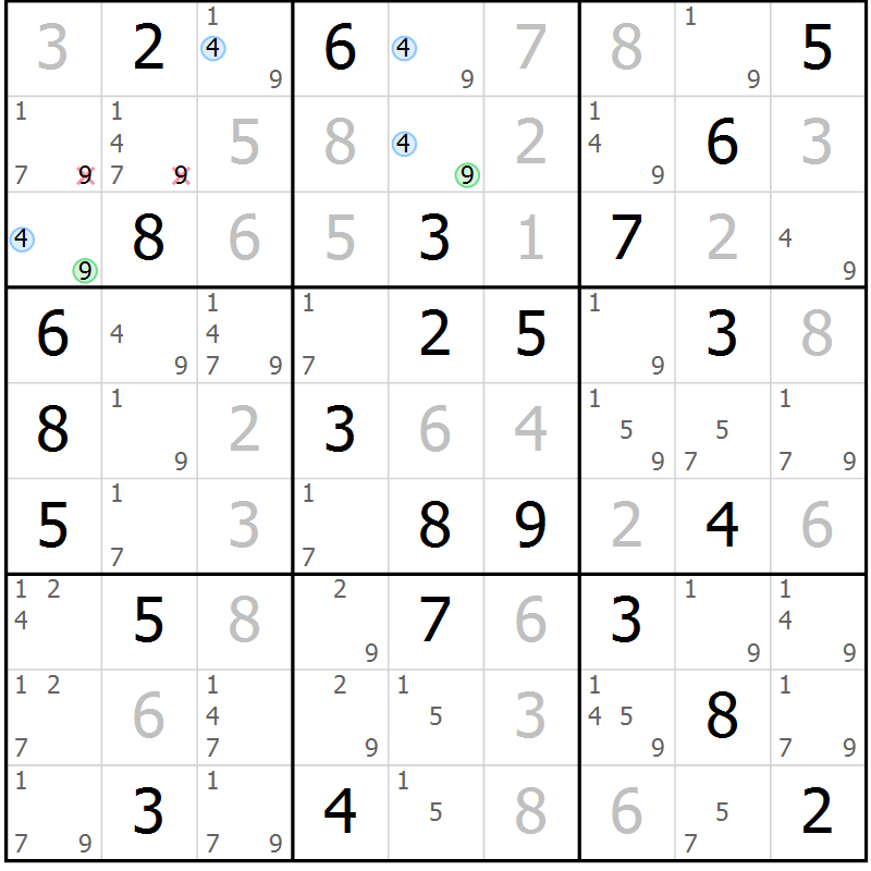 Position des candidats pour la solution de la Gr 29 page 32 du magazine de sudoku Maestro n° 101