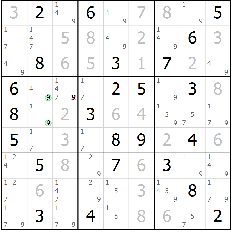 Position des candidats pour la solution de la Gr 29 page 32 du magazine de sudoku Maestro n° 101