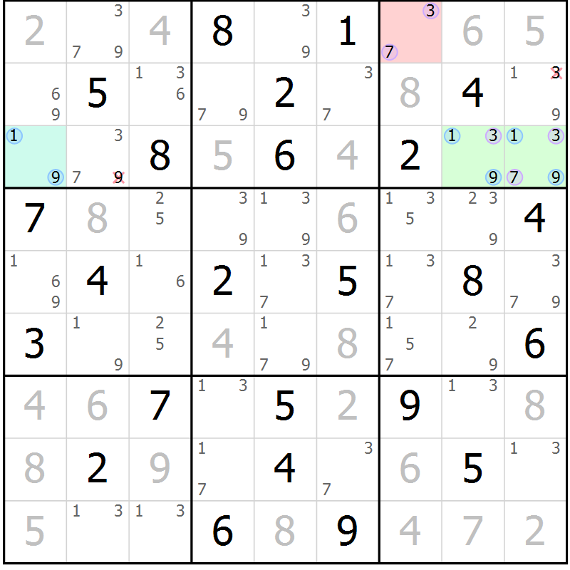 Position des candidats pour la solution de la Gr 33 page 36 du magazine de sudoku Maestro n° 101
