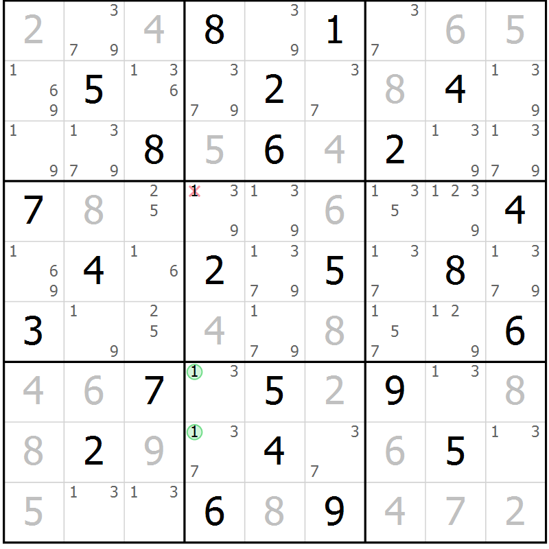 Position des candidats pour la solution de la Gr 33 page 36 du magazine de sudoku Maestro n° 101