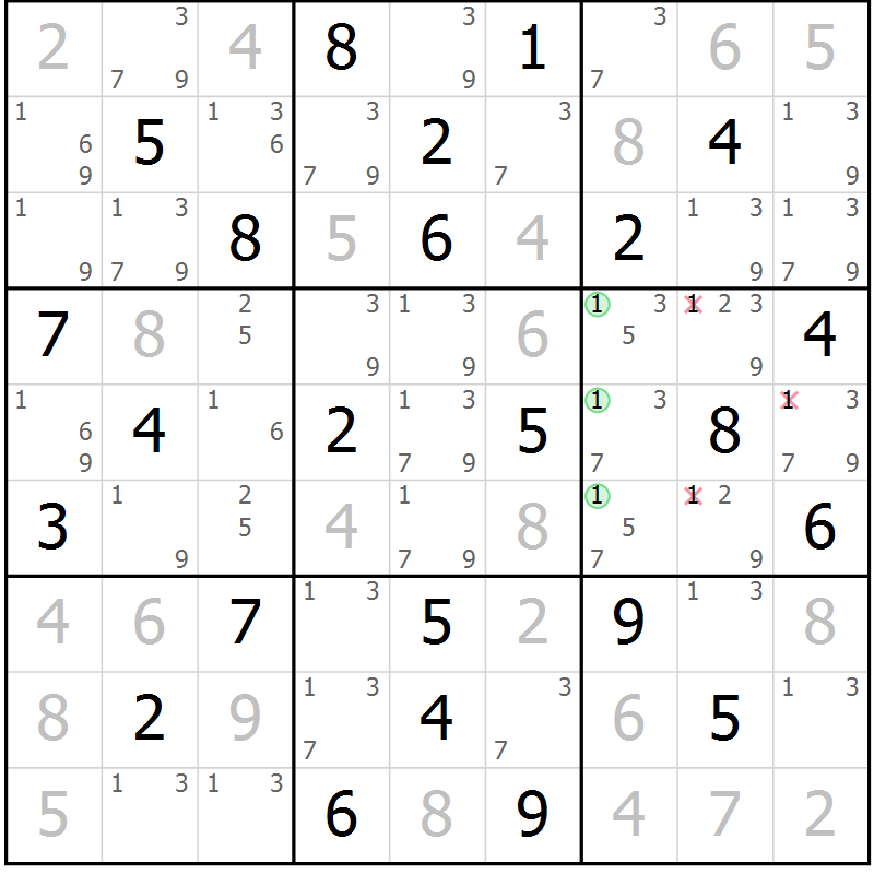 Position des candidats pour la solution de la Gr 33 page 36 du magazine de sudoku Maestro n° 101