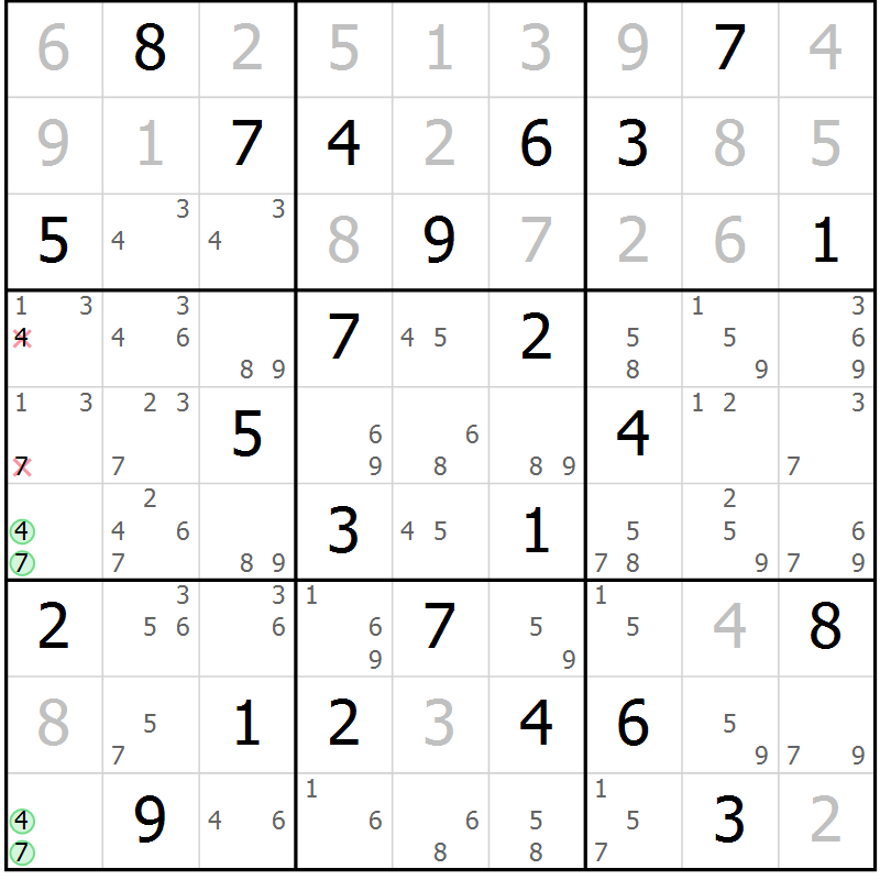 Position des candidats pour la solution de la Gr 36 page 39 du magazine de sudoku Maestro n° 101