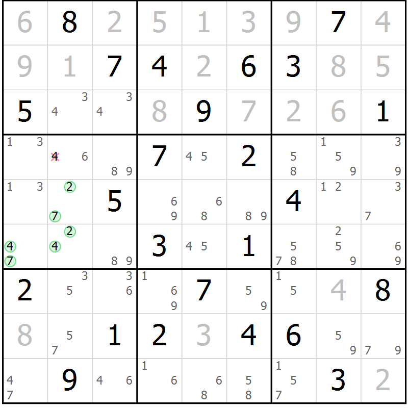 Position des candidats pour la solution de la Gr 36 page 39 du magazine de sudoku Maestro n° 101