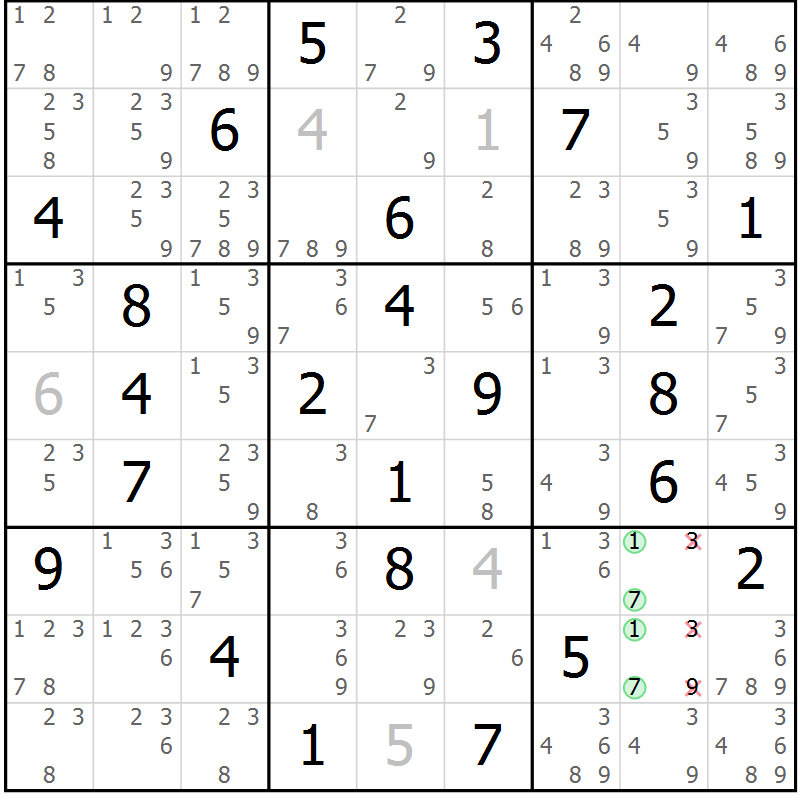 Position des candidats pour la solution de la Gr 38 page 41 du magazine de sudoku Maestro n° 101