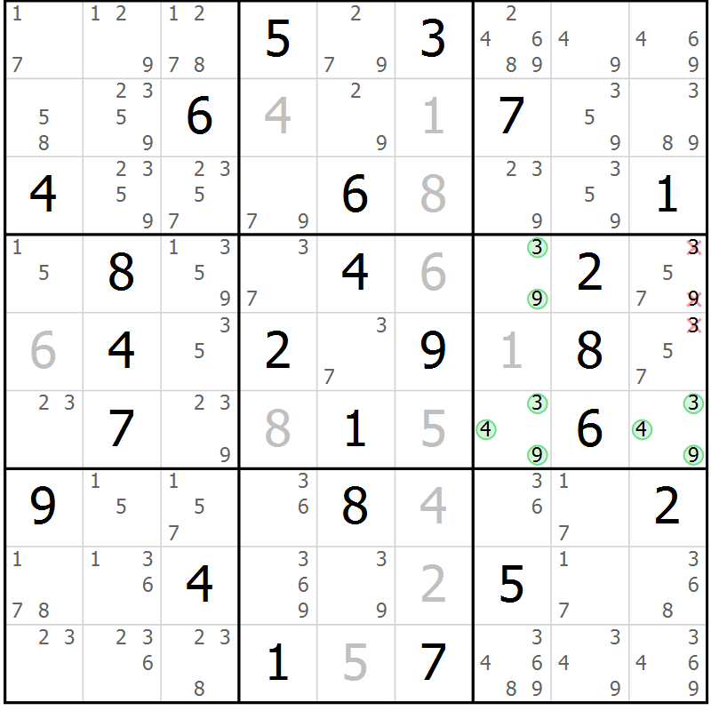 Position des candidats pour la solution de la Gr 38 page 41 du magazine de sudoku Maestro n° 101