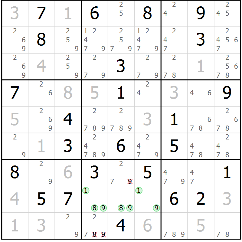 Position des candidats pour la solution de la Gr 39 page 42 du magazine de sudoku Maestro n° 101