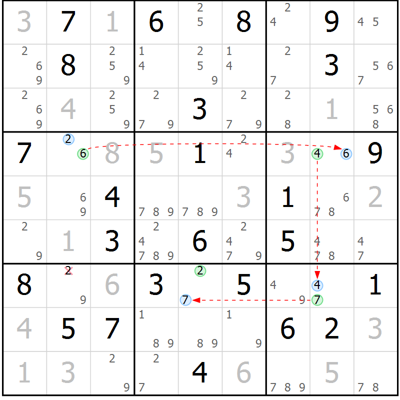 Position des candidats pour la solution de la Gr 39 page 42 du magazine de sudoku Maestro n° 101