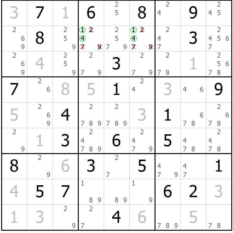 Position des candidats pour la solution de la Gr 39 page 42 du magazine de sudoku Maestro n° 101