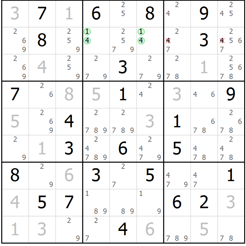 Position des candidats pour la solution de la Gr 39 page 42 du magazine de sudoku Maestro n° 101