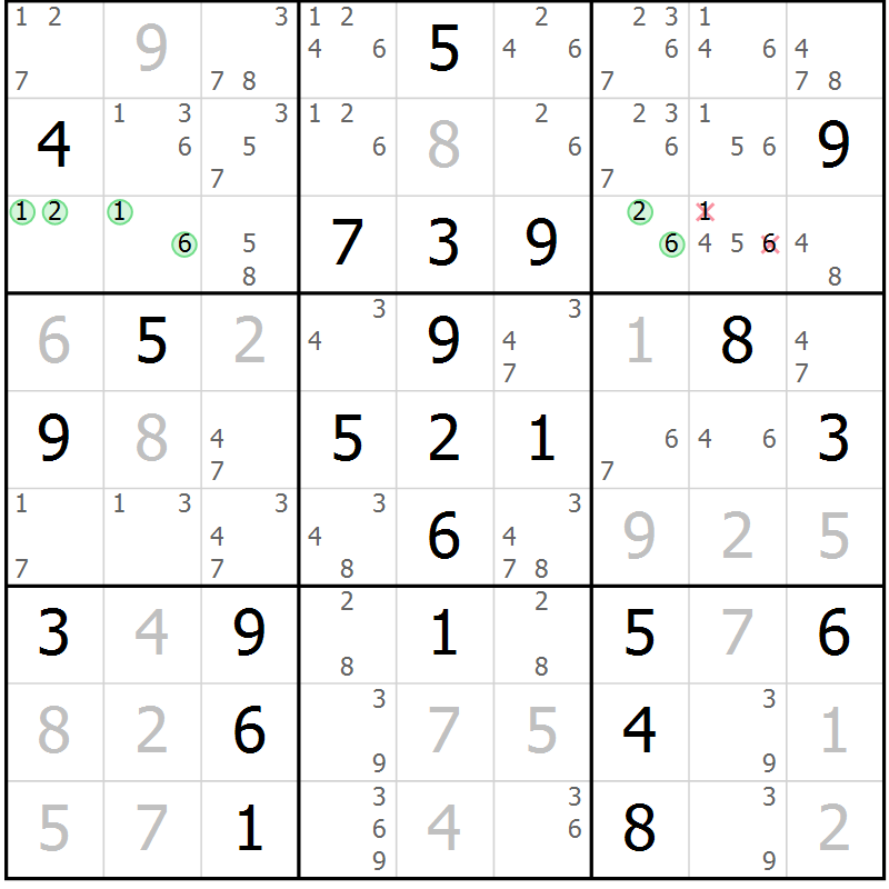 Position des candidats pour la solution de la Gr 40 page 43 du magazine de sudoku Maestro n° 101