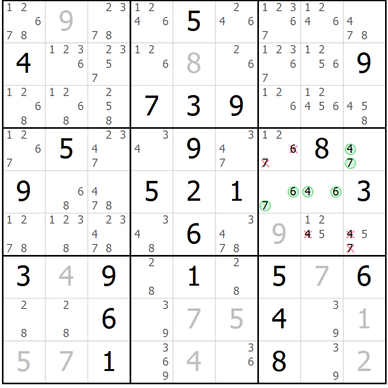 Position des candidats pour la solution de la Gr 40 page 43 du magazine de sudoku Maestro n° 101