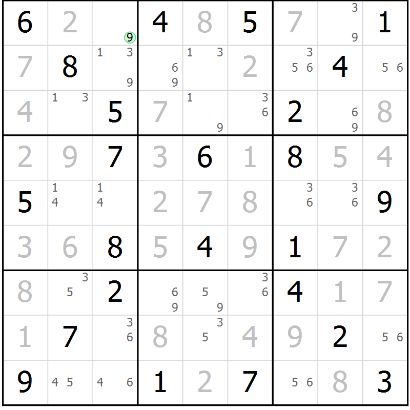 Position des candidats pour la solution de la Gr 42 page 45 du magazine de sudoku Maestro n° 101