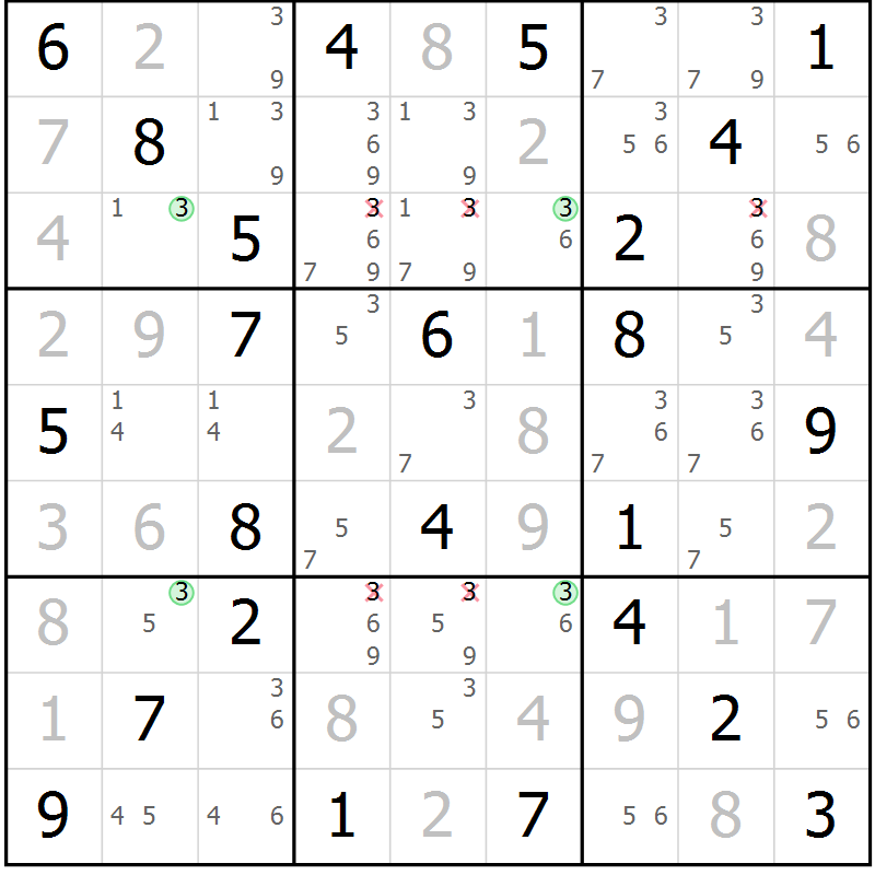Position des candidats pour la solution de la Gr 42 page 45 du magazine de sudoku Maestro n° 101