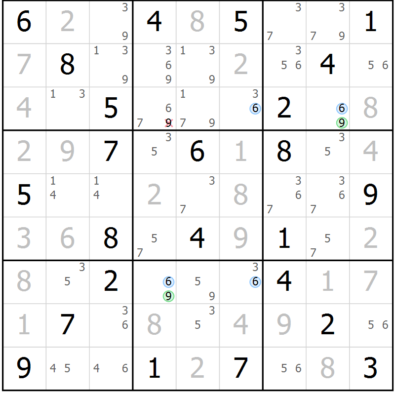 Position des candidats pour la solution de la Gr 42 page 45 du magazine de sudoku Maestro n° 101