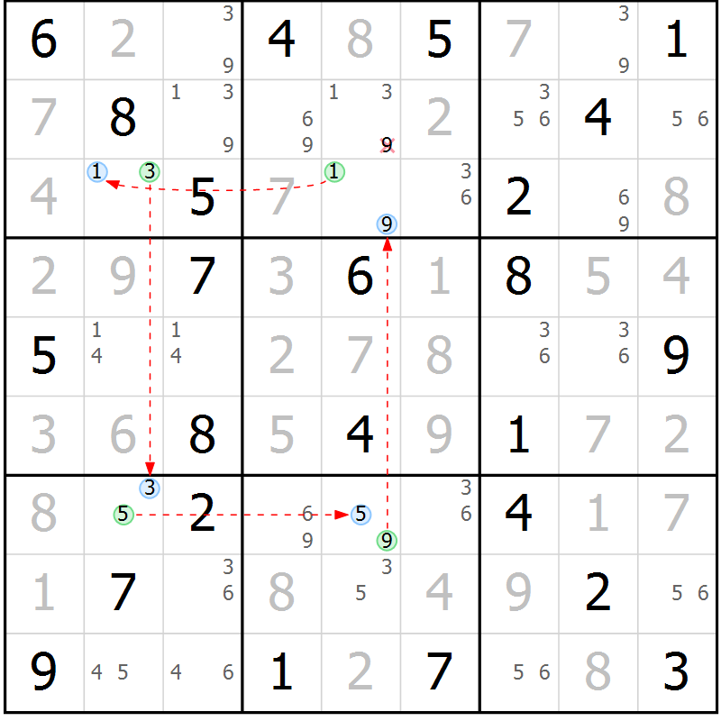 Position des candidats pour la solution de la Gr 42 page 45 du magazine de sudoku Maestro n° 101