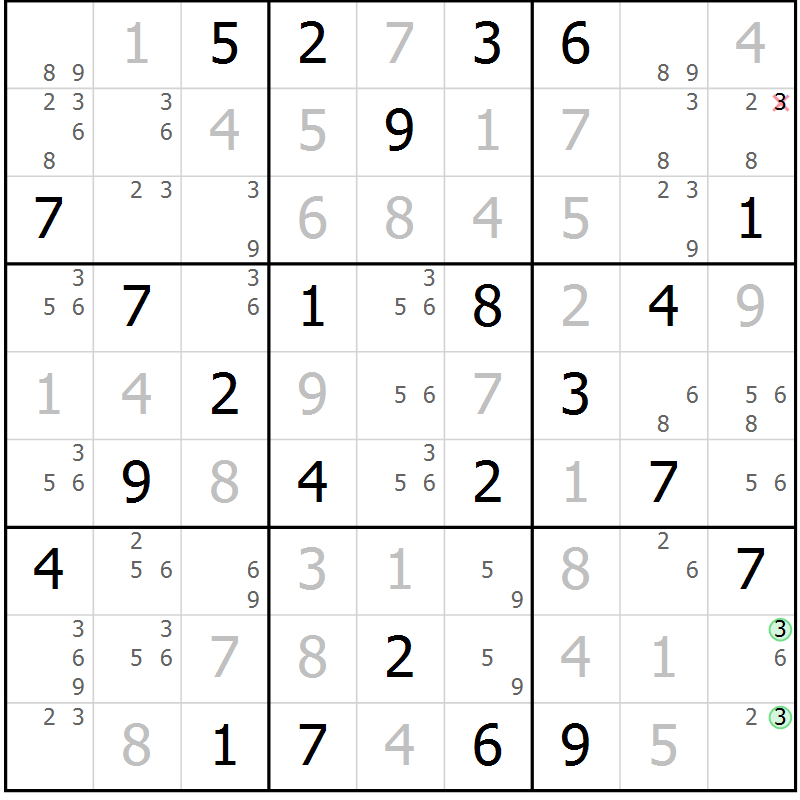 Position des candidats pour la solution de la Gr 43 page 46 du magazine de sudoku Maestro n° 101
