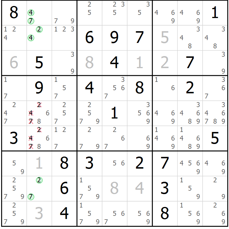 Position des candidats pour la solution de la Gr 45 page 48 du magazine de sudoku Maestro n° 101
