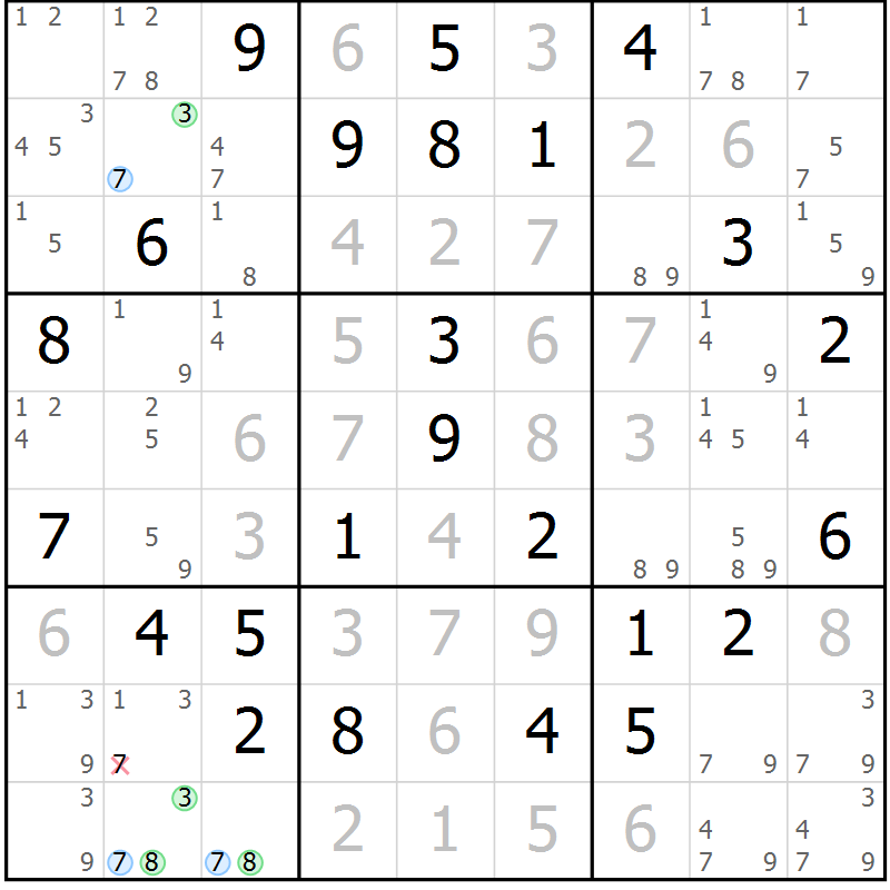 Position des candidats pour la solution de la Gr 46 page 49 du magazine de sudoku Maestro n° 101