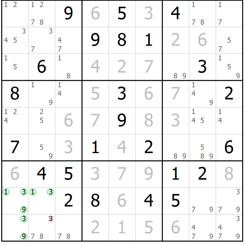 Position des candidats pour la solution de la Gr 46 page 49 du magazine de sudoku Maestro n° 101