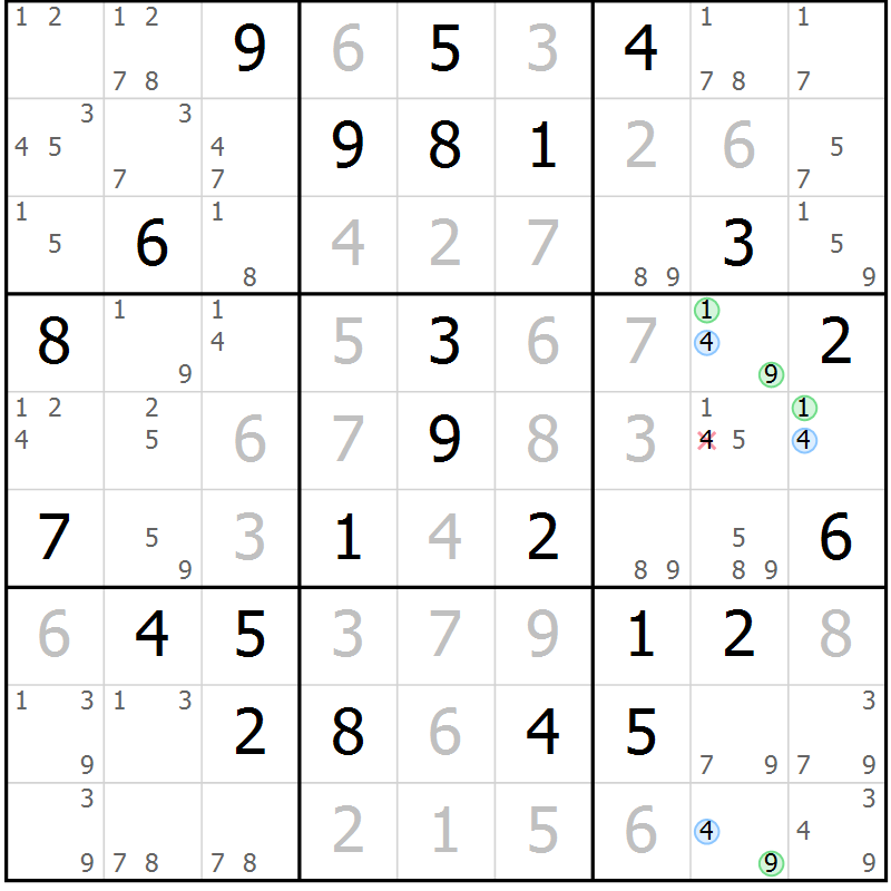 Position des candidats pour la solution de la Gr 46 page 49 du magazine de sudoku Maestro n° 101