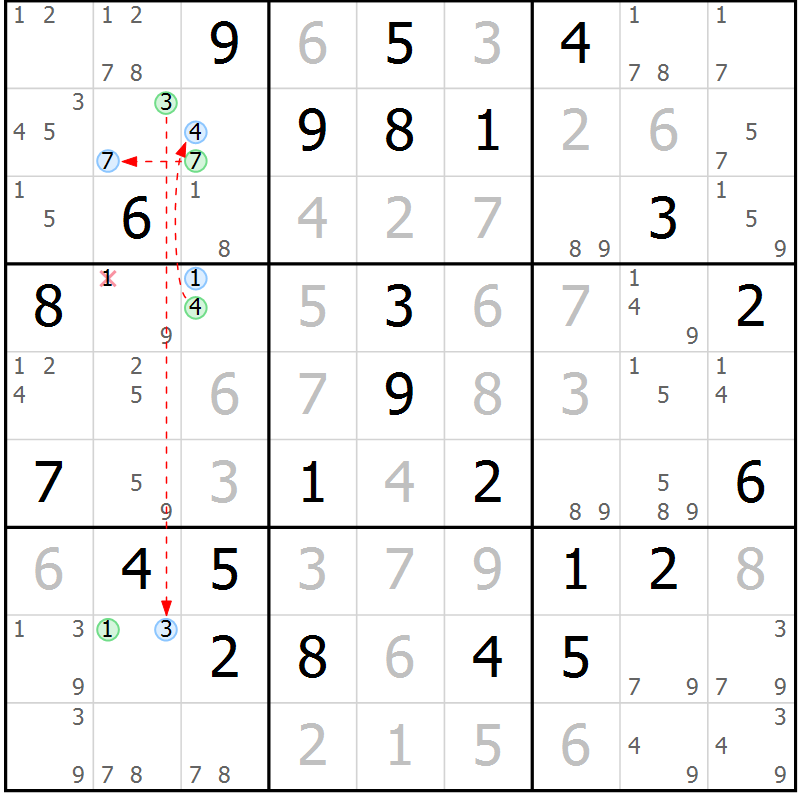 Position des candidats pour la solution de la Gr 46 page 49 du magazine de sudoku Maestro n° 101