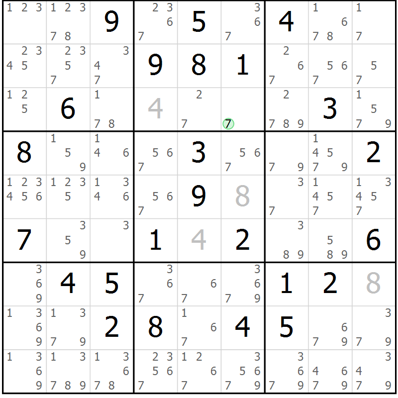 Position des candidats pour la solution de la Gr 46 page 49 du magazine de sudoku Maestro n° 101