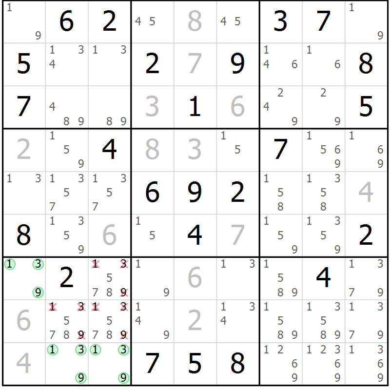 Position des candidats pour la solution de la Gr 47 page 50 du magazine de sudoku Maestro n° 101