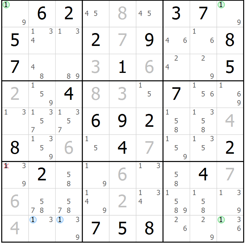 Position des candidats pour la solution de la Gr 47 page 50 du magazine de sudoku Maestro n° 101