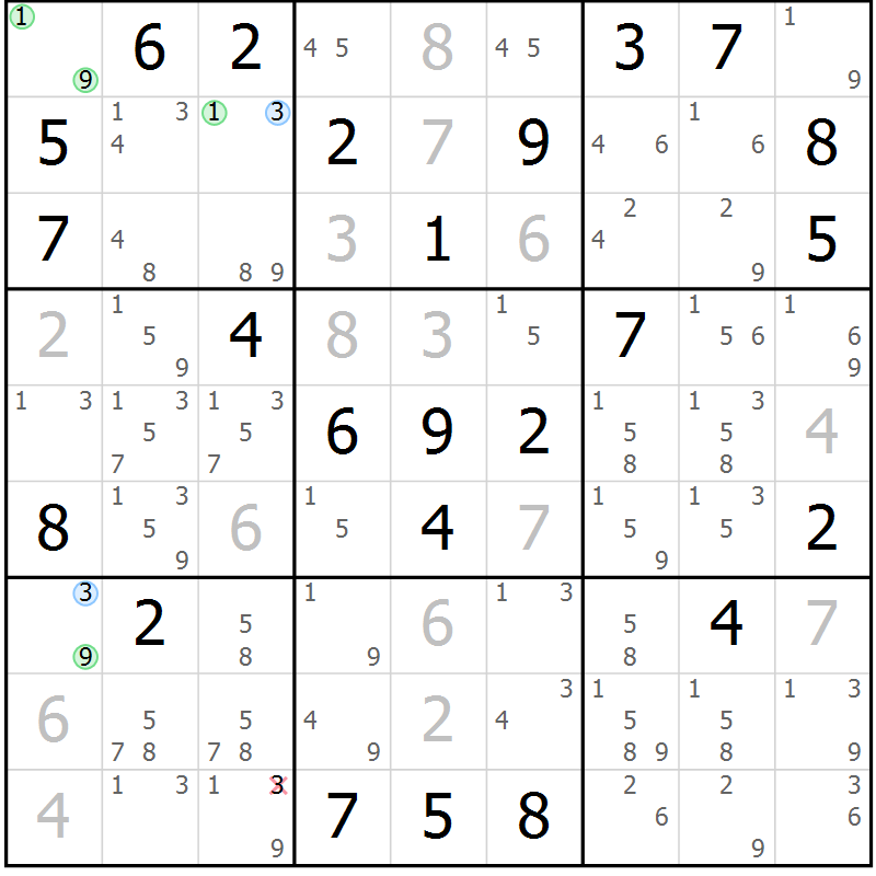 Position des candidats pour la solution de la Gr 47 page 50 du magazine de sudoku Maestro n° 101