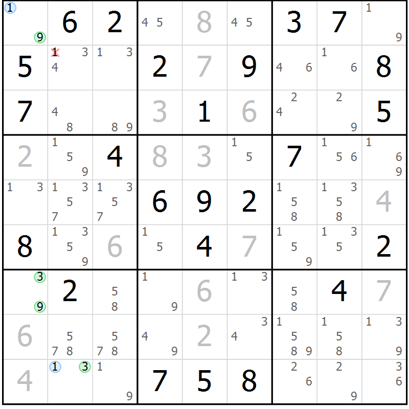 Position des candidats pour la solution de la Gr 47 page 50 du magazine de sudoku Maestro n° 101