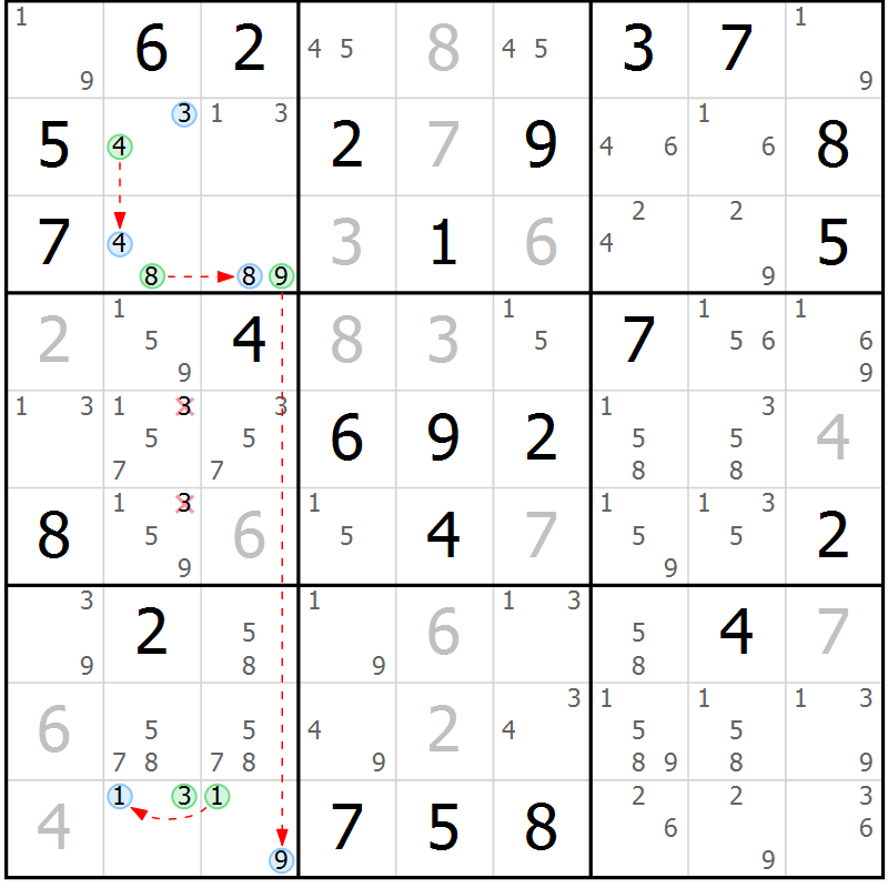 Position des candidats pour la solution de la Gr 47 page 50 du magazine de sudoku Maestro n° 101