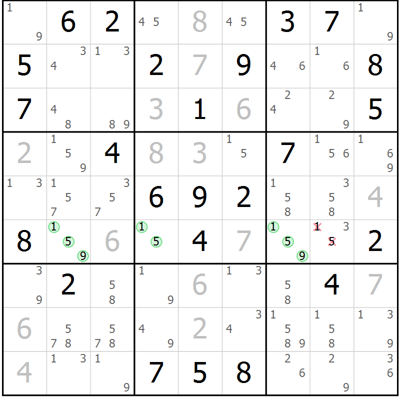 Position des candidats pour la solution de la Gr 47 page 50 du magazine de sudoku Maestro n° 101