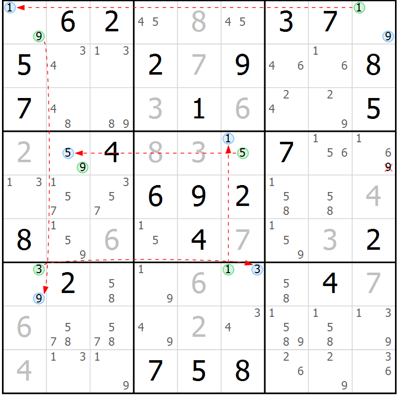 Position des candidats pour la solution de la Gr 47 page 50 du magazine de sudoku Maestro n° 101