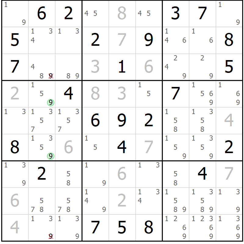 Position des candidats pour la solution de la Gr 47 page 50 du magazine de sudoku Maestro n° 101