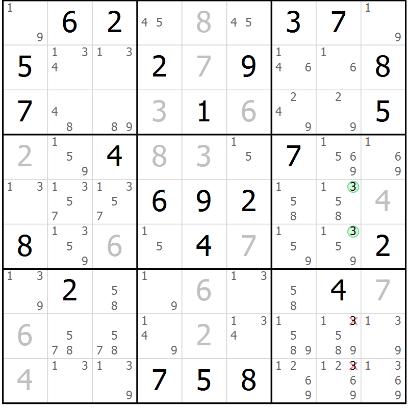 Position des candidats pour la solution de la Gr 47 page 50 du magazine de sudoku Maestro n° 101