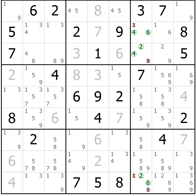Position des candidats pour la solution de la Gr 47 page 50 du magazine de sudoku Maestro n° 101